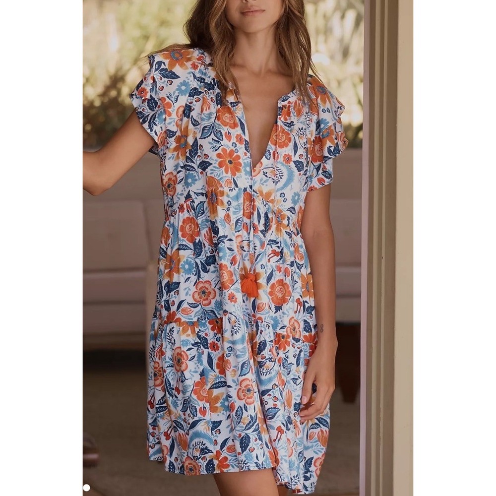 anthropologie Real Fun Wow Dress‎ Flannel Floral Size S Tassel Tie Ruffled
